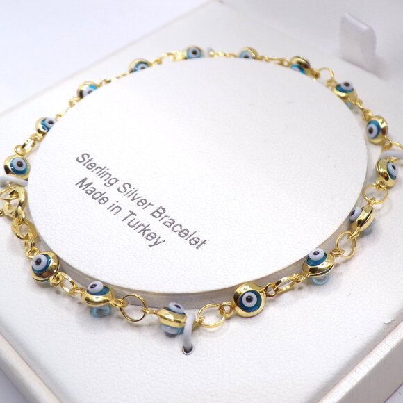 Sterling Silver Turkish Evil Eye Bracelet, Gold Finish, Protection Jewelry - Picture 3 of 6